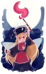 Rule 34 | 1girl, blonde hair, chinese clothes, clownpiece, cosplay, cowboy shot, full moon, hat, highres, jester cap, junko (touhou), junko (touhou) (cosplay), long hair, looking at viewer, moon, neck ruff, red eyes, sakana (packetsjp), smile, torch, touhou, very long hair