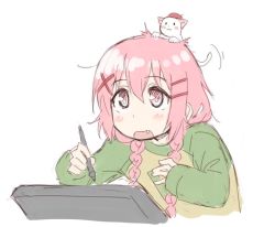 Rule 34 | 10s, 1girl, :3, animal, animal on head, blush, braid, cat, cat on head, comic girls, commentary request, copyright request, drawing tablet, fang, hair ornament, hairclip, long sleeves, moeta kaoruko, nyaos, on head, pink eyes, pink hair, raglan sleeves, simple background, sleeves past wrists, smile, solo, stylus, twin braids, umiroku, upper body, white background, x hair ornament