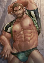 Rule 34 | 1boy, abs, arm up, bara, bare pectorals, beard, black shirt, briefs, brown hair, bulge, chest hair, chris redfield, clothes lift, cowboy shot, facial hair, green male underwear, hairy, highres, large pectorals, lifting own clothes, male focus, male underwear, muscular, muscular male, navel, navel hair, nipples, onionworkshop, paid reward available, pectorals, resident evil, resident evil 5, paid reward available, shirt, shirt behind neck, shirt lift, short hair, solo, stomach, thick thighs, thighs, underwear, undressing