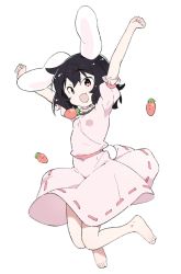 Rule 34 | 1girl, animal ears, barefoot, black hair, carrot necklace, dress, fang, full body, highres, inaba tewi, kt kkz, looking at viewer, necklace, open mouth, pink dress, rabbit ears, rabbit tail, red eyes, ribbon-trimmed skirt, ribbon trim, short hair, short sleeves, simple background, skin fang, solo, tail, touhou, white background
