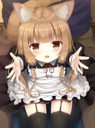 Rule 34 | animal ear fluff, animal ears, apron, arms up, black dress, black thighhighs, brown eyes, brown hair, dog ears, dog tail, dress, from above, garter straps, indoors, long hair, looking at viewer, looking up, maid, open mouth, original, outstretched arms, outstretched hand, pillow, psyche3313, sitting, smile, tail, thighhighs, thighs, white apron, zettai ryouiki