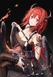 Rule 34 | 1girl, absurdres, arknights, armlet, bare shoulders, black background, black dress, breasts, brown thighhighs, cleavage, corset, crossed legs, detached collar, dress, fire, from above, highres, holding, horns, id card, infection monitor (arknights), large breasts, looking at viewer, looking up, parted lips, pouch, purple eyes, red hair, resolution mismatch, ri qing, simple background, sitting, sleeveless, sleeveless dress, smile, solo, source smaller, surtr (arknights), thighhighs, underbust