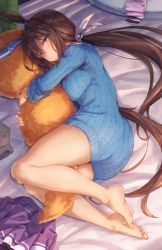 Rule 34 | 1girl, admire vega (umamusume), animal ears, bare legs, barefoot, bed sheet, blue dress, blue sweater, breast press, breasts, brown hair, closed mouth, clothing cutout, commentary request, dress, feet, full body, hair ribbon, highres, horse ears, horse girl, horse tail, indoors, large breasts, long hair, looking at viewer, low ponytail, lying, hugging object, on bed, on side, purple eyes, purple skirt, ribbon, skirt, unworn skirt, soles, solo, starheart, stuffed carrot, sweater, sweater dress, tail, tail through clothes, toes, umamusume, very long hair, white ribbon