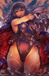 Rule 34 | 1girl, adapted costume, beach, blue eyes, blue hair, breasts, cameltoe, cape, cutepet, falchion (fire emblem), fingerless gloves, fire emblem, fire emblem awakening, from below, gloves, gluteal fold, highres, long hair, looking at viewer, lucina (fire emblem), nintendo, ocean, one-piece swimsuit, small breasts, smile, solo, studiocutepet, super smash bros., swimsuit, sword, thighhighs, tiara, water, weapon