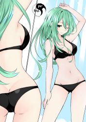 Rule 34 | 1girl, ass, bikini, black bikini, breasts, butt crack, cleavage, date a live, closed eyes, hair between eyes, highres, mirror, mirror image, multiple views, natsumi (date a live), reflection, standing, swimsuit, tsunako