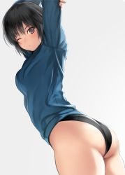 Rule 34 | 1girl, amagami, arms up, ass, black eyes, black hair, black one-piece swimsuit, blue jacket, bob cut, brown eyes, commentary request, competition swimsuit, cowboy shot, grey background, highres, jacket, looking at viewer, nanasaki ai, one-piece swimsuit, serizawa (serizawaroom), simple background, solo, stretching, swimsuit, swimsuit under clothes, track jacket