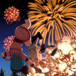 Rule 34 | 1girl, arm up, belt, black thighhighs, blue hair, clock, clock tower, collared shirt, commentary, commentary request, cross, cup, elbow gloves, embodiment of scarlet devil, explosion, fireworks, frilled shirt collar, frilled sleeves, frills, from behind, full body, gloves, hair ribbon, hand up, leg up, miniskirt, night, no headwear, no shoes, outdoors, plate, puffy short sleeves, puffy sleeves, red belt, red ribbon, remilia scarlet, ribbon, scarlet devil mansion, shirt, short hair, short sleeves, skirt, solo, teacup, thighhighs, touhou, tower, tree, user fnsw5238, white gloves, window, zettai ryouiki