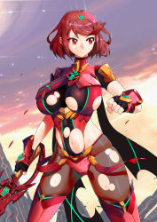 Rule 34 | 1girl, absurdres, breasts, chest jewel, female focus, fingerless gloves, gloves, highres, large breasts, matching hair/eyes, monkey jon, nintendo, pantyhose, pantyhose under shorts, pyra (xenoblade), red eyes, red hair, red shorts, red thighhighs, serious, short hair, short shorts, shorts, solo, super smash bros., swept bangs, sword, thighhighs, tiara, torn clothes, torn legwear, weapon, xenoblade chronicles (series), xenoblade chronicles 2