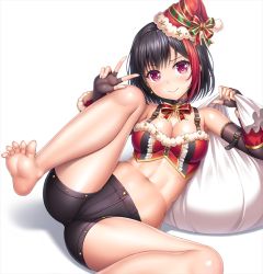 Rule 34 | 1girl, arm warmers, armpits, ass, bang dream!, bare legs, bare shoulders, barefoot, black choker, black gloves, black hair, black shorts, blush, bow, bowtie, breasts, buttons, choker, cleavage, closed mouth, collarbone, crop top, earrings, elbow gloves, feet, fingerless gloves, glint, gloves, gold trim, hands up, hat, holding, holding sack, jewelry, knee up, lace, lace-trimmed gloves, lace trim, lambda (kusowarota), looking at viewer, medium breasts, midriff, mitake ran, multicolored hair, navel, presenting, reclining, red bow, red bowtie, red eyes, red hair, red hat, red shirt, sack, santa hat, shadow, shirt, short hair, short shorts, shorts, sidelocks, simple background, sleeveless, sleeveless shirt, smile, soles, solo, star (symbol), star earrings, stomach, streaked hair, striped, thighs, toes, w, white background