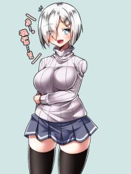 Rule 34 | 10s, 1girl, :d, alternate costume, alternate legwear, black thighhighs, blue eyes, blush, breasts, eyes visible through hair, hair ornament, hair over one eye, hairclip, hamakaze (kancolle), kantai collection, large breasts, long sleeves, looking at viewer, open mouth, pleated skirt, ribbed sweater, short hair, silver hair, simple background, skirt, smile, solo, striped, sweater, thighhighs, translation request, turtleneck, vertical stripes, yokai (yokai0401), zettai ryouiki