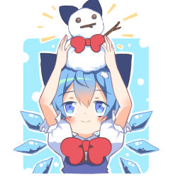 Rule 34 | 1girl, blue bow, blue dress, blue eyes, blue hair, bow, cirno, dress, fairy wings, hair bow, holding, ice, ice wings, pinafore dress, red bow, sleeveless dress, snowman, touhou, tsuri buta, twig, wings