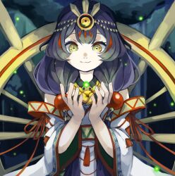 Rule 34 | 1girl, beads, blue background, blue hair, circlet, closed mouth, dark, hair beads, hair ornament, headwear request, highres, hirabitai, japanese clothes, jewelry, kimono, long sleeves, looking at hands, looking down, magatama, magatama necklace, magia record: mahou shoujo madoka magica gaiden, mahou shoujo madoka magica, moomoofoo, necklace, object request, sidelocks, smile, solo, toyo (magia record), upper body, white kimono, yellow eyes