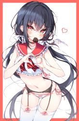 Rule 34 | 1girl, :3, bare arms, bare shoulders, beliatan, black choker, black hair, bow, bowtie, breasts, candy, chocolate, chocolate heart, choker, cowboy shot, crop top, food, frilled shirt, frills, garter belt, hair bow, heart, heart hands, highres, leaning forward, long hair, looking at viewer, low twintails, mouth hold, navel, no pants, original, panties, pink bow, red eyes, sailor collar, sailor shirt, shirt, side-tie panties, sleeveless, sleeveless shirt, solo, stomach, string panties, thighhighs, thighs, twintails, underwear, valentine, very long hair, white panties, white shirt, white thighhighs