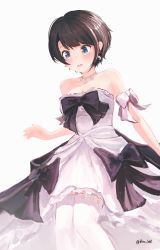 Rule 34 | 1girl, absurdres, aqua eyes, arm ribbon, bad id, bad pixiv id, bliss htt, blush, bow, breasts, brown hair, cleavage, commentary, cosplay, crescent, crescent earrings, crescent necklace, dress, dress bow, earrings, embarrassed, high-low skirt, highres, himemori luna, himemori luna (4th costume), himemori luna (cosplay), hololive, jewelry, looking down, medium breasts, necklace, oozora subaru, ribbon, short dress, short hair, solo, strapless, strapless dress, swept bangs, symbol-only commentary, thighhighs, twitter username, virtual youtuber, wet, wet clothes, wet dress, white dress, white thighhighs