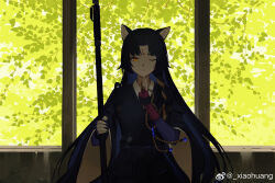 Rule 34 | 1girl, arknights, asymmetrical gloves, beads, black hair, black kimono, blue hair, chinese commentary, closed mouth, colored inner hair, commentary request, cowboy shot, day, elbow gloves, facial mark, fingerless gloves, forehead mark, gloves, hand up, highres, holding, holding weapon, japanese clothes, kimono, layered sleeves, long hair, long sleeves, looking at viewer, mismatched gloves, multicolored hair, one eye closed, orange eyes, parted bangs, plant, purple gloves, red gloves, saga (arknights), solo, standing, strap, tree, two-tone hair, watermark, weapon, weibo logo, weibo watermark, wide sleeves, xiaohuang