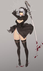 Rule 34 | 1girl, absurdres, arms up, black blindfold, black dress, black hairband, black thighhighs, blindfold, blood, bloody weapon, boots, breasts, cleavage, cleavage cutout, clothing cutout, commentary request, dress, feather-trimmed sleeves, full body, gloves, grey background, grey hair, hairband, highleg, highleg leotard, highres, holding, holding sword, holding weapon, juliet sleeves, katana, korean commentary, kyuri (suika), large breasts, leotard, long sleeves, mole, mole under mouth, nier:automata, nier (series), open mouth, puffy sleeves, short hair, solo, standing, sword, thigh boots, thighhighs, weapon, white leotard, wind, wind lift, 2b (nier:automata)