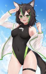 Rule 34 | 1girl, :d, animal ear fluff, animal ears, arm up, bare shoulders, black hair, black one-piece swimsuit, blue sky, breasts, cat ears, cat girl, cat tail, competition swimsuit, covered navel, cowboy shot, day, gluteal fold, green eyes, green hair, hair ornament, hairclip, highres, jacket, long sleeves, medium breasts, multicolored hair, one-piece swimsuit, open clothes, open jacket, open mouth, original, outdoors, see-through, short hair, shuuzo3, skindentation, sky, smile, solo, streaked hair, swimsuit, tail, thigh strap, two-tone hair, water drop, white jacket