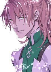 Rule 34 | 1boy, chaldea uniform, close-up, fate/grand order, fate (series), green eyes, highres, long hair, male focus, miwa shirow, pink hair, ponytail, romani archaman, smile, solo