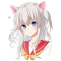 Rule 34 | 1girl, animal ear fluff, animal ears, bad id, bad pixiv id, blue eyes, blush, cat ears, charlotte (anime), closed mouth, commentary request, heart, highres, hoshinoumi academy school uniform, korean commentary, long hair, looking at viewer, neckerchief, noob (pixiv 35498425), red sailor collar, sailor collar, school uniform, serafuku, shirt, sidelocks, silver hair, simple background, smile, solo, tomori nao, white background, white shirt, yellow neckerchief