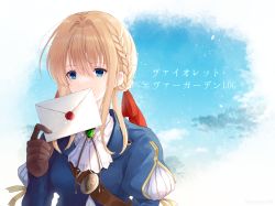 Rule 34 | 1girl, blonde hair, blue eyes, blue jacket, braid, brown gloves, character name, copyright name, gloves, hair between eyes, hair intakes, hair ribbon, holding, holding letter, jacket, letter, long hair, long sleeves, mimuro430, red ribbon, ribbon, solo, upper body, violet evergarden, violet evergarden (series), white background