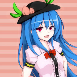 Rule 34 | 1girl, blue hair, blush, female focus, food, fruit, hat, hinanawi tenshi, krace, long hair, looking at viewer, open mouth, peach, red eyes, solo, touhou