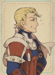 Rule 34 | 1boy, armor, arthur (fire emblem fates), blonde hair, blue eyes, commentary, english commentary, facing to the side, fire emblem, fire emblem fates, looking to the side, male focus, masterpidies, nintendo, smile, turtleneck, upper body