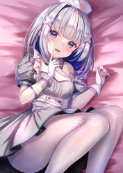 Rule 34 | 1girl, amane kanata, amane kanata (nurse), bandaged arm, bandages, bed sheet, blue eyes, blue hair, blush, breasts, colored inner hair, detached collar, dress, fang, feet out of frame, gloves, grey dress, grey hair, hair ornament, hairclip, hat, highres, hololive, lanyard, looking at viewer, lying, medium hair, multicolored hair, nurse, nurse cap, on bed, on side, open mouth, pantyhose, pink hair, pleated dress, puffy short sleeves, puffy sleeves, revision, short sleeves, single bare shoulder, small breasts, smile, solo, streaked hair, virtual youtuber, white gloves, white pantyhose, x hair ornament, yuano