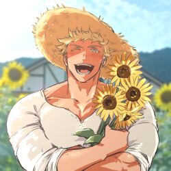 Rule 34 | 1boy, bara, blonde hair, blush, day, flower, granblue fantasy, green eyes, hat, hazama (hazamazama), holding, holding flower, large pectorals, male focus, muscular, muscular male, one eye closed, open mouth, outdoors, pectorals, shirt, short hair, sky, sleeves rolled up, smile, solo, straw hat, sunflower, vane (granblue fantasy), white shirt, yellow flower