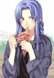 Rule 34 | 00s, 1girl, ahoge, artoria pendragon (all), artoria pendragon (fate), blue eyes, blue hair, braid, casual, crepe, drooling, eating, engo (mongo), fate/stay night, fate (series), food, long hair, medea (fate), official alternate costume, pointy ears, saber (fate), short hair, solo