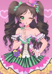 Rule 34 | 1girl, arm guards, bare shoulders, blush, breasts, brown hair, candy, choker, cleavage, collarbone, dress, drill hair, food, frilled dress, frills, green eyes, green ribbon, hair ornament, hair ribbon, hat, heart, highres, holding, holding candy, holding food, idolmaster, idolmaster cinderella girls, idolmaster cinderella girls starlight stage, jacket, large breasts, layered dress, long hair, looking at viewer, minato chimu, mini hat, multicolored clothes, multicolored jacket, nonomura sora, one eye closed, open mouth, pink background, purple nails, ribbon, scrunchie, simple background, smile, solo, twintails, white choker