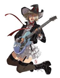 Rule 34 | 1girl, alternate costume, black gloves, black headwear, blonde hair, electric guitar, fingerless gloves, gloves, guilty gear, guilty gear strive, guitar, hat, highres, i-no, instrument, irene koh, mole, mole above mouth, red lips, short hair, tinted eyewear, witch hat