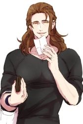 Rule 34 | 10s, 1boy, bag, brown eyes, brown hair, granblue fantasy, half-closed eyes, holding, long hair, looking at viewer, male focus, paper, siegfried (granblue fantasy), simple background, siwomi, sleeves pushed up, smile, solo, wallet, white background