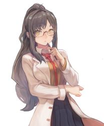 Rule 34 | 10s, 1girl, bad id, bad pixiv id, breasts, brown hair, collared shirt, commentary request, futaba rio, glasses, hair between eyes, highres, holding, holding pen, lab coat, large breasts, long hair, looking at viewer, necktie, pen, pleated skirt, ponytail, red necktie, school uniform, seishun buta yarou, shirt, skirt, solo, t o mx, yellow eyes