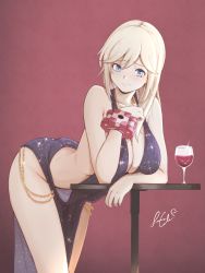 Rule 34 | 1girl, absurdres, alcohol, alisa ilinichina amiella, artist name, ass, bare shoulders, between breasts, blonde hair, blue eyes, bracelet, breasts, butt crack, chain, closed mouth, collarbone, commentary, cup, dress, god eater, god eater 2: rage burst, gradient background, highres, jewelry, leaning forward, lips, long hair, medium breasts, revealing clothes, senacolada, signature, sleeveless, sleeveless dress, smile, solo, table, thighs, wine