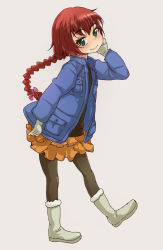Rule 34 | 00s, 1girl, blush, boots, braid, child, coat, darker than black, face, full body, gloves, green eyes, leaning forward, long hair, mune, pantyhose, red hair, simple background, skirt, smile, solo, standing, suou pavlichenko
