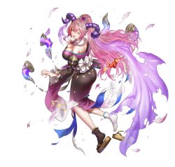 Rule 34 | 1girl, absurdres, anbe yoshirou, ass, blush, breasts, cleavage, curled horns, fire emblem, fire emblem heroes, floating, floating object, frilled sleeves, frills, fur trim, gloves, goat horns, hair ornament, highres, horns, large breasts, long hair, multicolored hair, nerthuz (fire emblem), nerthuz (new year) (fire emblem), nintendo, official art, origami, paper crane, pink hair, ponytail, purple eyes, solo, third-party source, torn clothes, two-tone hair, very long hair