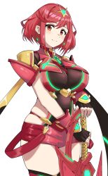 Rule 34 | 1girl, blush, breasts, chest jewel, core crystal (xenoblade), crystal, earrings, fingerless gloves, gem, gloves, headpiece, highres, jewelry, large breasts, looking at viewer, pyra (xenoblade), red eyes, red hair, short hair, shorts, skindentation, smile, solo, swept bangs, thighs, tiara, xenoblade chronicles (series), xenoblade chronicles 2, yamada hatsune