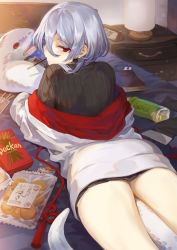 Rule 34 | 1girl, ass, black sweater, blush, brand name imitation, commentary request, earrings, food, hair between eyes, highres, indoors, jacket, jewelry, legs, light particles, long sleeves, looking back, lying, mashuu (neko no oyashiro), mole, mole under eye, on stomach, original, pocky, red eyes, red jacket, ribbed sweater, school uniform, shirohebi-chan, shirt, short hair, short hair with long locks, silver hair, solo, sweater