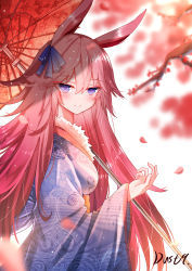 Rule 34 | 1girl, animal ears, artist name, blue kimono, bow, branch, cherry blossoms, closed mouth, dust9, fox ears, hair between eyes, hair bow, hair ornament, highres, holding, holding umbrella, honkai (series), honkai impact 3rd, japanese clothes, kimono, long hair, long sleeves, looking at viewer, oil-paper umbrella, petals, pink hair, purple eyes, simple background, smile, solo, tree, umbrella, white background, yae sakura