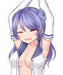Rule 34 | 10s, 1girl, absurdres, armpits, arms up, blue hair, breasts, cleavage, collarbone, crying, detached sleeves, double bun, closed eyes, highres, kantai collection, medium breasts, neit ni sei, open clothes, open mouth, open shirt, shirt, simple background, sleeves rolled up, solo, tears, trembling, unbuttoned, urakaze (kancolle)