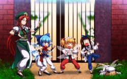 Rule 34 | 5girls, alternate costume, black footwear, blonde hair, blue eyes, blue hair, blush, bow, braid, brown hair, chinese clothes, cirno, closed eyes, drill hair, faceplant, fairy wings, female focus, fighting stance, flapping, gate, grass, hair bow, hair ribbon, hat, height difference, hong meiling, ice, ice wings, long hair, long sleeves, luna child, lying, maid headdress, martial arts, matsumoto tomoyohi, multiple girls, on stomach, open mouth, outstretched arms, pants, puffy sleeves, red hair, ribbon, sash, shirt, shoes, short hair, short sleeves, side slit, skirt, skirt set, sleeveless, sleeveless shirt, smile, squiggle, standing, standing on one leg, star (symbol), star sapphire, sunny milk, sweat, touhou, training, twin braids, twintails, very long hair, wall, wavy mouth, wide-eyed, wide sleeves, wings, wrist cuffs