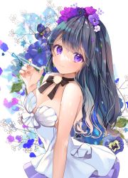 Rule 34 | 1girl, absurdres, bare arms, black bow, black bowtie, black hair, blush, bow, bowtie, breasts, brown nails, cleavage, closed mouth, dress, floral background, flower, from side, hair flower, hair ornament, highres, holding, holding syringe, long hair, looking at viewer, looking to the side, medium breasts, nail polish, original, puracotte, purple flower, signature, smile, solo, strapless, strapless dress, syringe, violet (flower), white dress, white flower