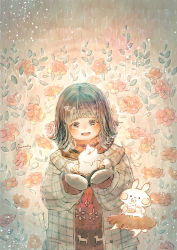 Rule 34 | 1girl, animal print, artist name, black eyes, black hair, blush, blush stickers, brown skirt, candle, coat, deer print, floral background, flower, grey coat, grey jacket, grey mittens, highres, holding, holding candle, jacket, light, light particles, long sleeves, mittens, momochy, open mouth, original, plaid, plaid coat, plaid jacket, rabbit, red flower, red scarf, red sweater, scarf, short hair, signature, skirt, sparkling eyes, sweater, two-handed, vignetting