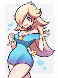 Rule 34 | &gt; &lt;, 1girl, absurdres, artist name, bare shoulders, blonde hair, blue dress, blue eyes, border, bracelet, breasts, cleavage, clenched hand, closed mouth, commentary, cowboy shot, crown, dress, eyelashes, hair over one eye, heart, highres, jewelry, large breasts, long hair, mario (series), necklace, nintendo, pink lips, rosalina, simple background, smile, solo, standing, star (symbol), star necklace, touyarokii, twitter username, white background, white border