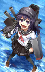 Rule 34 | &gt;:d, 10s, 1girl, :d, absurdres, akatsuki (kancolle), black jelly, black pantyhose, black skirt, blouse, flat cap, from above, hat, highres, kantai collection, loafers, long hair, long sleeves, looking up, machinery, neckerchief, ocean, open mouth, pantyhose, pleated skirt, purple eyes, purple hair, red neckerchief, sailor collar, school uniform, serafuku, shirt, shoes, skirt, smile, solo, standing, standing on liquid, v-shaped eyebrows