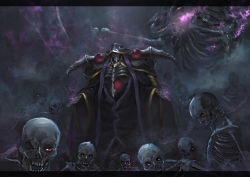 Rule 34 | 1boy, ainz ooal gown, artist request, bone, collar, dragon, highres, hood, long sleeves, outstretched arms, overlord (maruyama), red eyes, robe, skeleton, undead