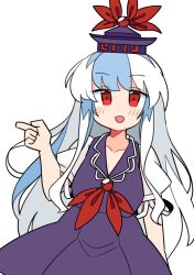 Rule 34 | 1girl, blue dress, blue hair, blue hat, blush, collarbone, dress, hat, index finger raised, ini (inunabe00), kamishirasawa keine, long hair, looking at viewer, open mouth, red eyes, short sleeves, simple background, smile, solo, tokin hat, touhou, upper body, white background