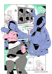 Rule 34 | 1boy, 1girl, blush, breasts, cellphone, chair, character name, clothes dryer, comic, commentary, dressing, english commentary, english text, highres, holding, holding phone, hood, hoodie, indoors, invisible, large breasts, laundromat, laundry, laundry basket, limited palette, ms. invisible (modern mogal), musical note, no smoking, original, outline, partially unzipped, patreon username, phone, shepherd0821, short hair, shorts, sign, silent comic, sitting, smartphone, spoken musical note, strapless, sweatdrop, thighhighs, tube top, unzipping, washing machine