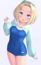 Rule 34 | 1girl, :d, aqua bow, aqua shirt, blonde hair, blue eyes, blue one-piece swimsuit, blush, bow, breasts, collarbone, competition school swimsuit, covered navel, cowboy shot, cropped shirt, forehead, hair bow, hair intakes, highres, long sleeves, looking at viewer, one-piece swimsuit, open mouth, original, sailor collar, sasaame, school swimsuit, shirt, signature, small breasts, smile, solo, swimsuit, swimsuit under clothes, twitter username, white sailor collar
