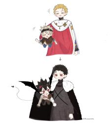 Rule 34 | 3boys, asta (black clover), black bulls (emblem), black capelet, black clover, black hair, black headband, black wings, blonde hair, cape, capelet, closed eyes, closed mouth, dual persona, facial mark, forehead mark, fur-trimmed robe, fur cape, fur trim, grey hair, headband, highres, julius novachrono, long sleeves, looking at another, lucius zogratis, male focus, multiple boys, open mouth, rizaavana, robe, royal robe, short hair, simple background, smile, twitter username, white background, wings